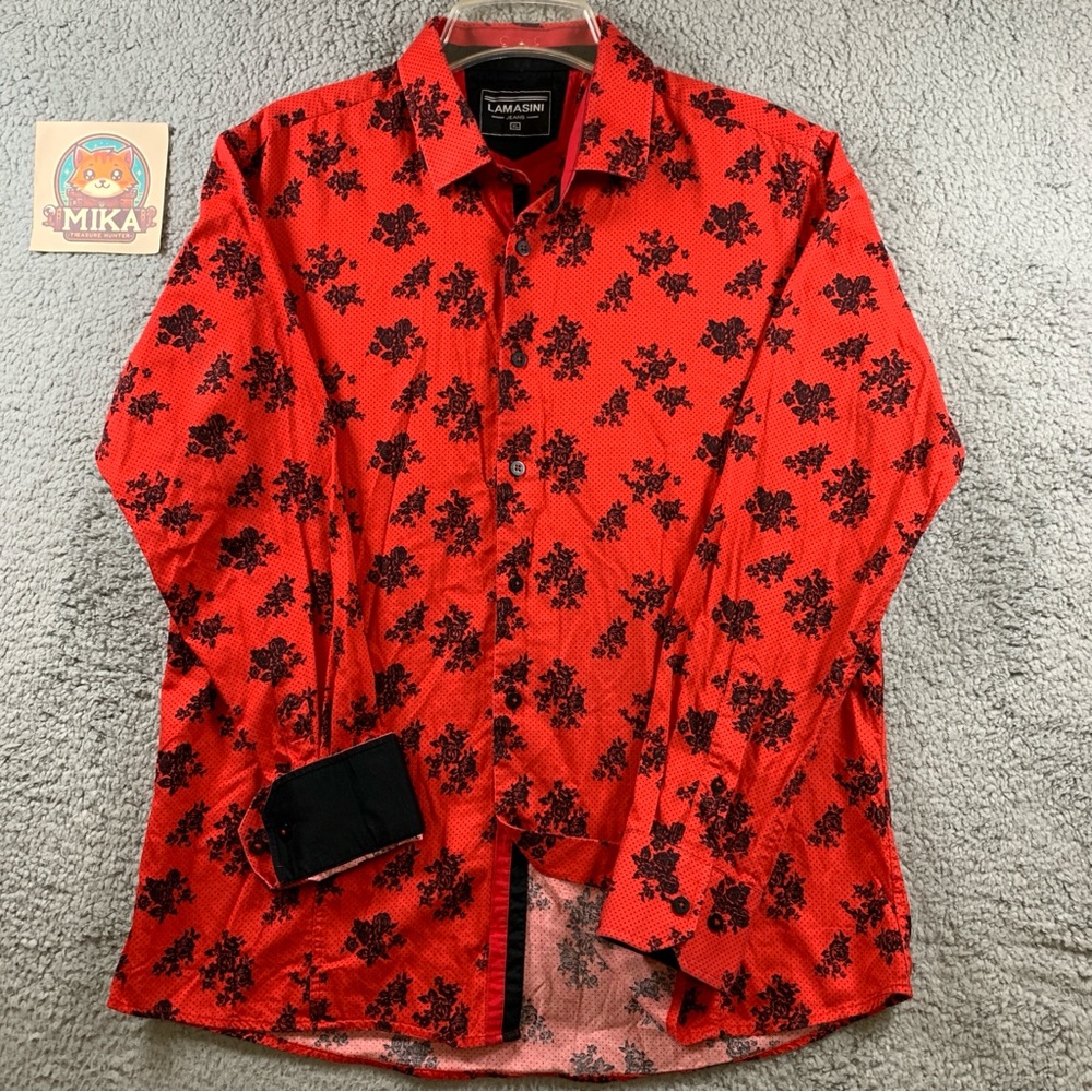 Lamasini Jeans Shirt Men's Size‎ XL Red Long Sleeve Button Up Flip Cuff - Flaw*